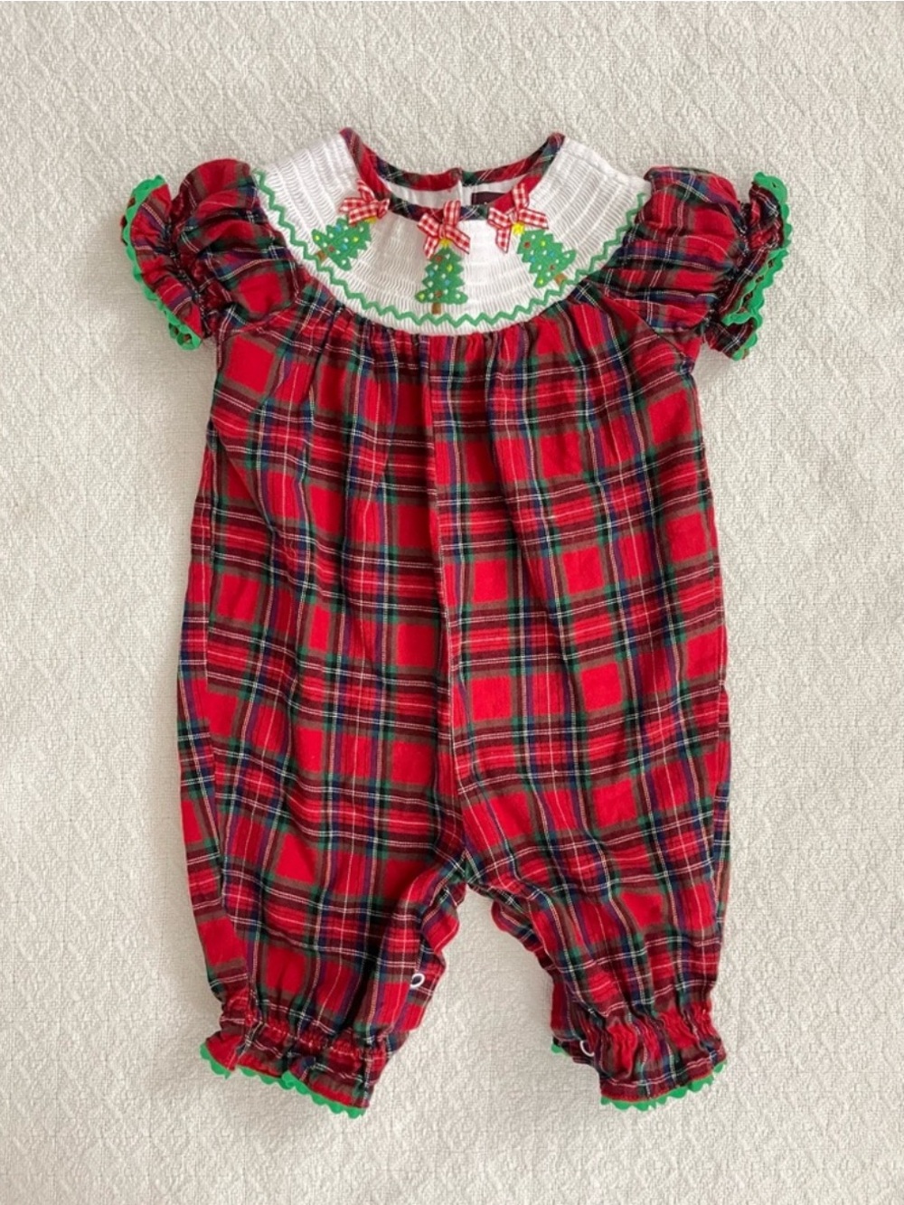 Lil Cactus Smocked Holiday Plaid Romper with White and Green Christmas Trees